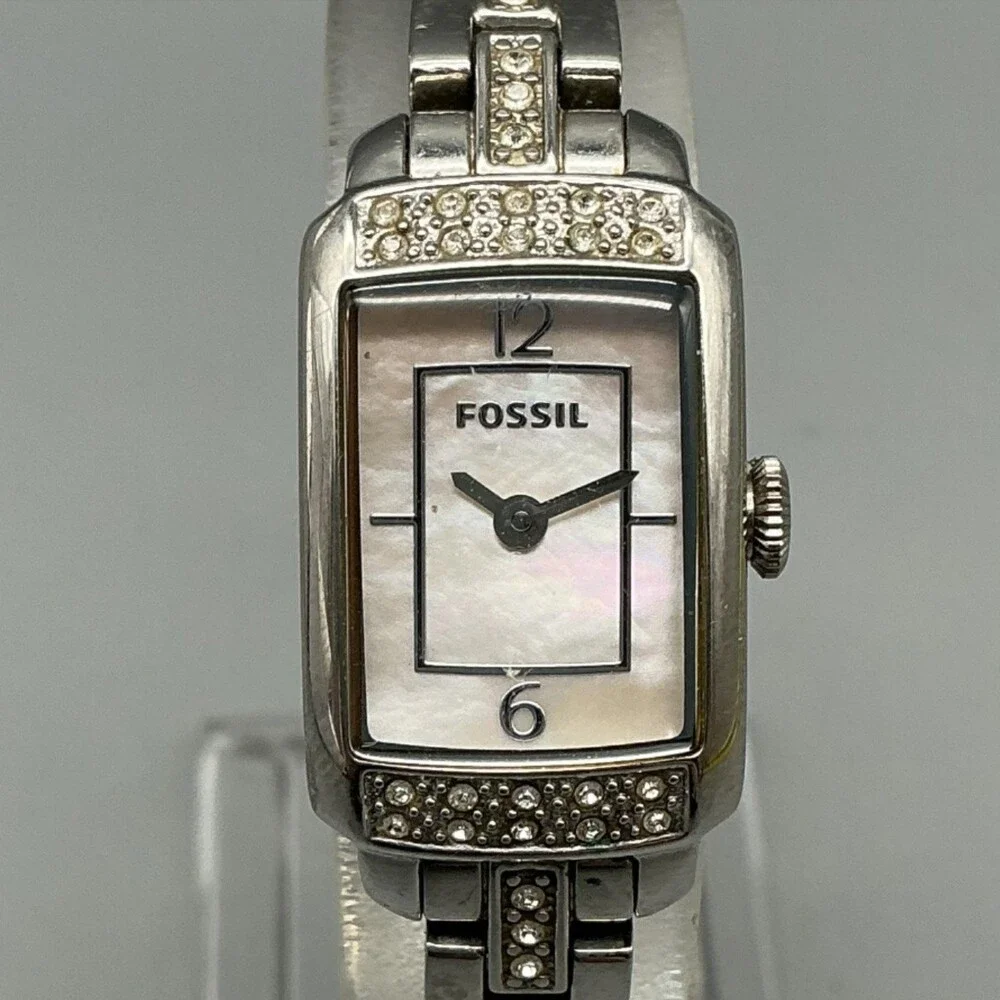Fossil Womens Watch 17mm White MOP Dial Silver Tone Crystal New Battery 6.5